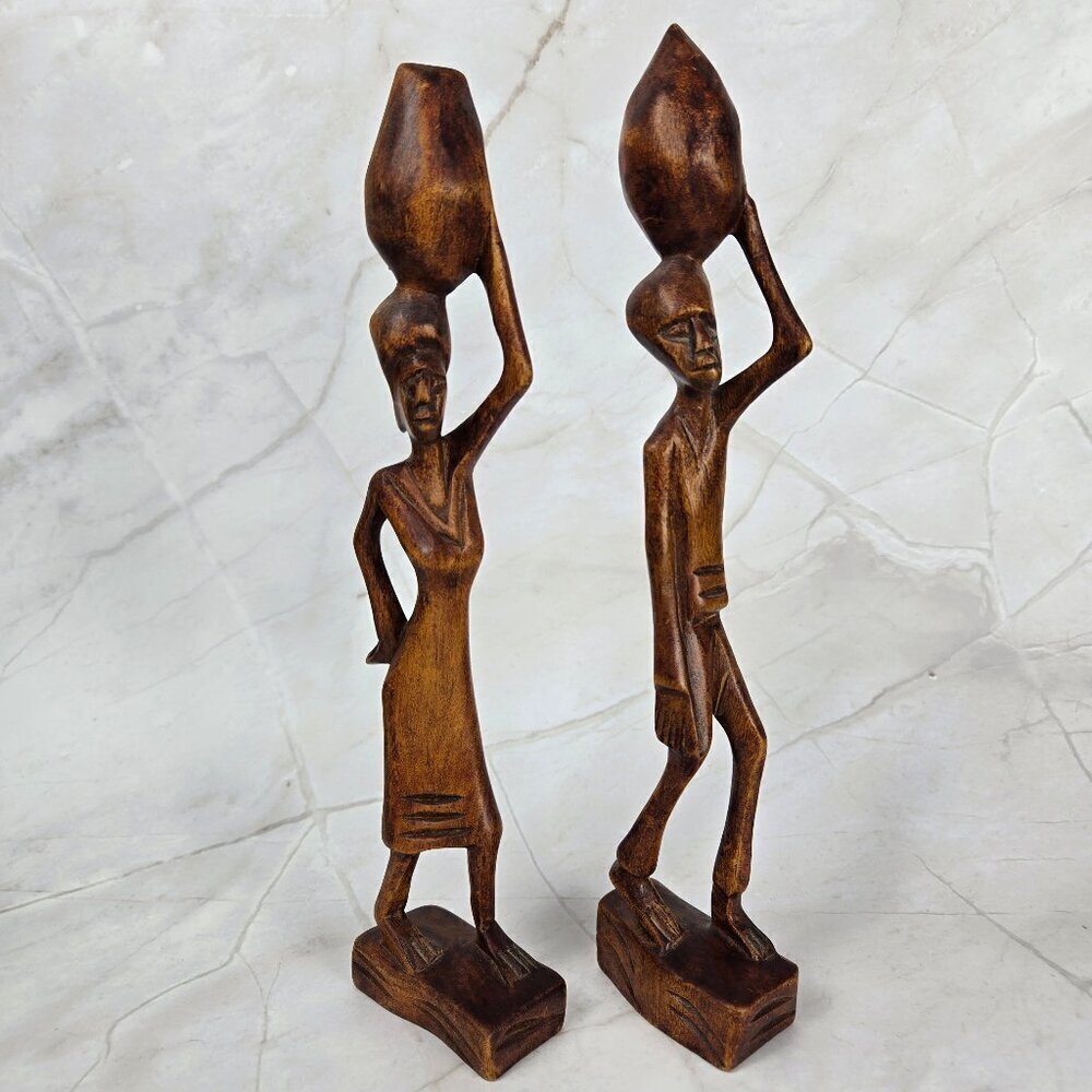 Pair of Wooden Carved Statues Man & Woman Carrying Baskets on Head Handmade